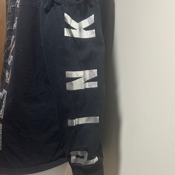 Large Victoria Secret Pink” Woman’s Black Long Sleeve W/ Silver Sequin Lettering - Picture 3 of 7